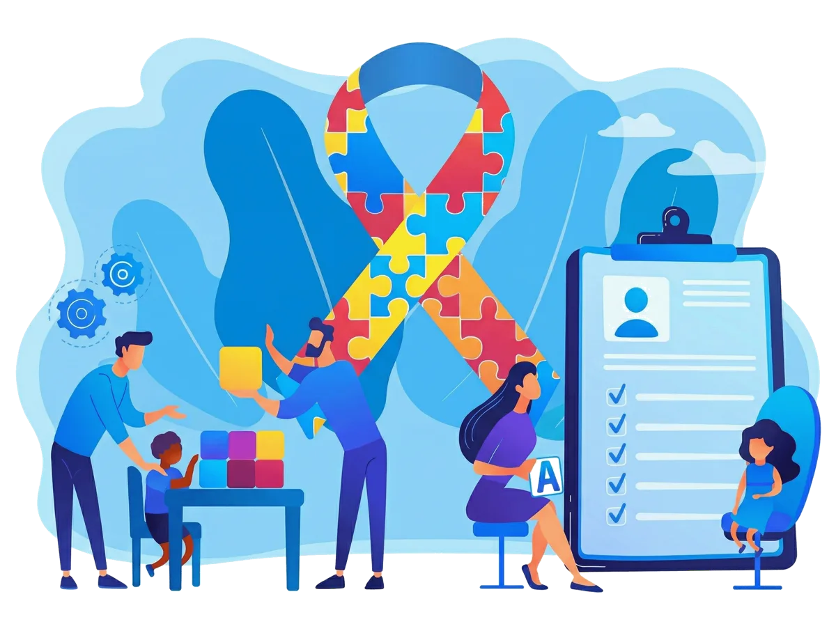 ABA therapy professionals working with children — autism awareness puzzle ribbon illustration
